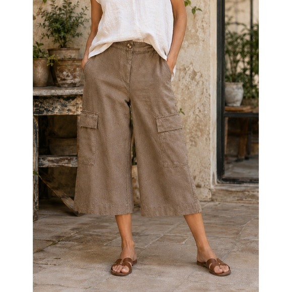 Chico's Pants - Chico's Wide Leg 100% Linen Faded Brown Relaxed Cargo Crop Pants Size 2 US 12